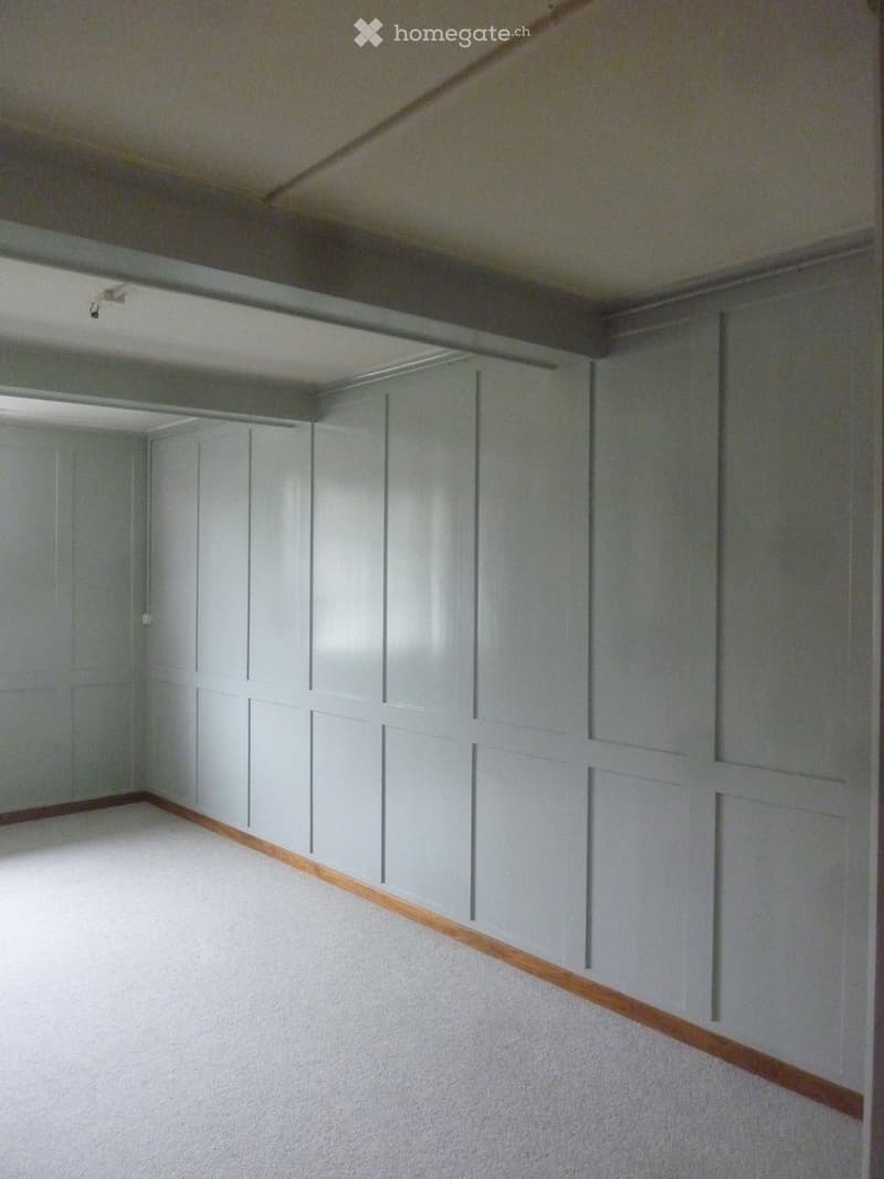 Empty room with white walls, carpeted floor, and wooden baseboard trim. No furniture or equipment present.