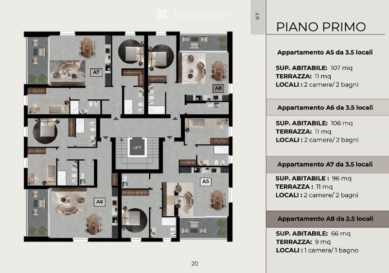 Apartamento A5, A6, A7, and A8 on the first floor with a lift, all with 2 bedrooms, 2 bathrooms, and a terrace
