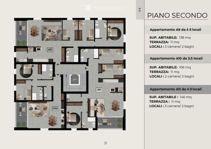 Floor plan of a building with three apartments: A9, A10, A11. Each apartment has 3 bedrooms, 2 bathrooms, and a terrace.