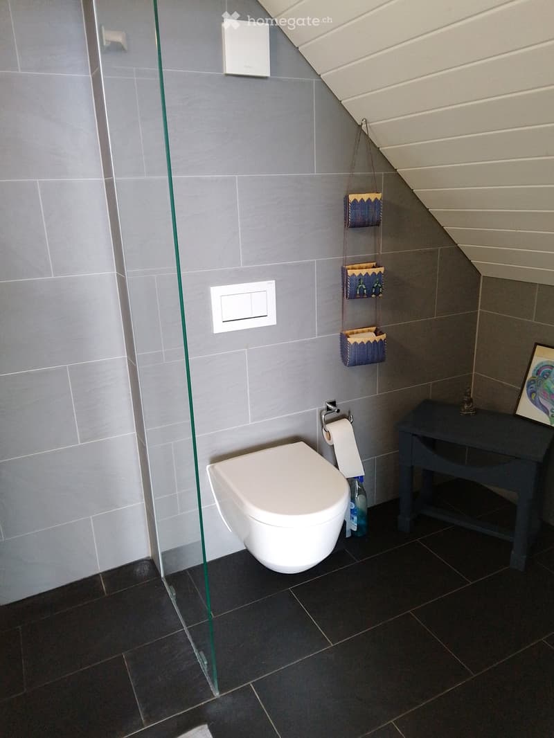 Modern bathroom with a toilet, a small black table with a picture frame, and a toilet paper holder. The walls are tiled in grey, and the floor is dark grey tiles.