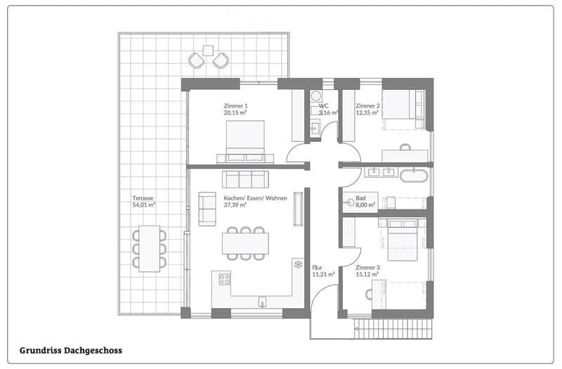 Floor plan of a roof floor showing a kitchen/dining/living area, three bedrooms, a bathroom, a WC, and a terrace.