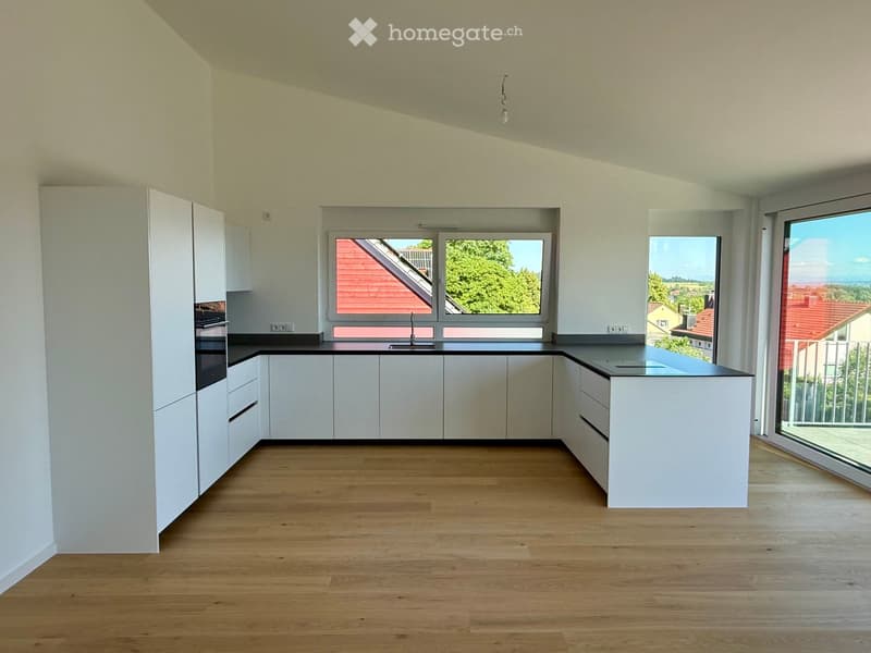 Modern, unfurnished kitchen with white cabinets, black countertops, and wooden flooring. Large windows offer a view of the surrounding area.
