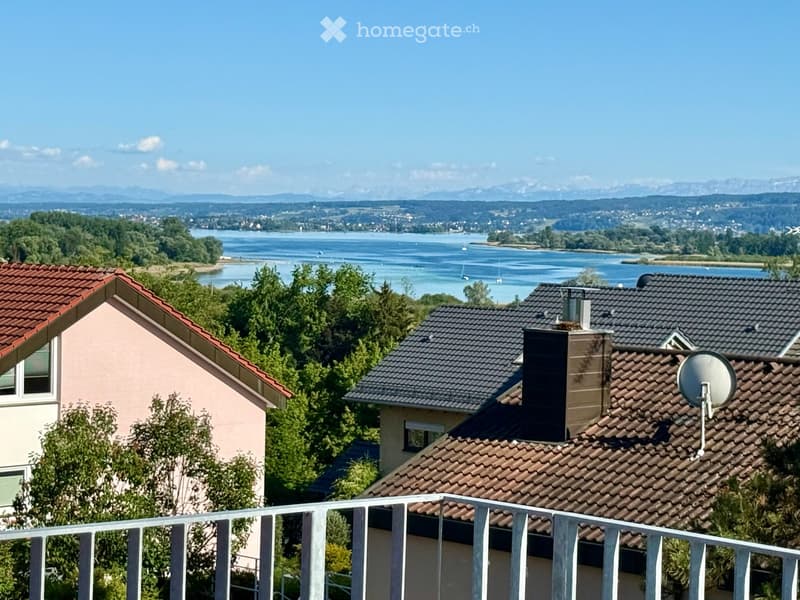 View from a balcony showing several houses with tiled roofs, surrounded by trees, with a lake and distant mountains in the background.