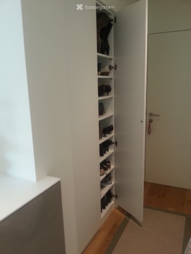 A narrow hallway with a built-in shoe rack on one side, featuring white walls and wooden flooring.