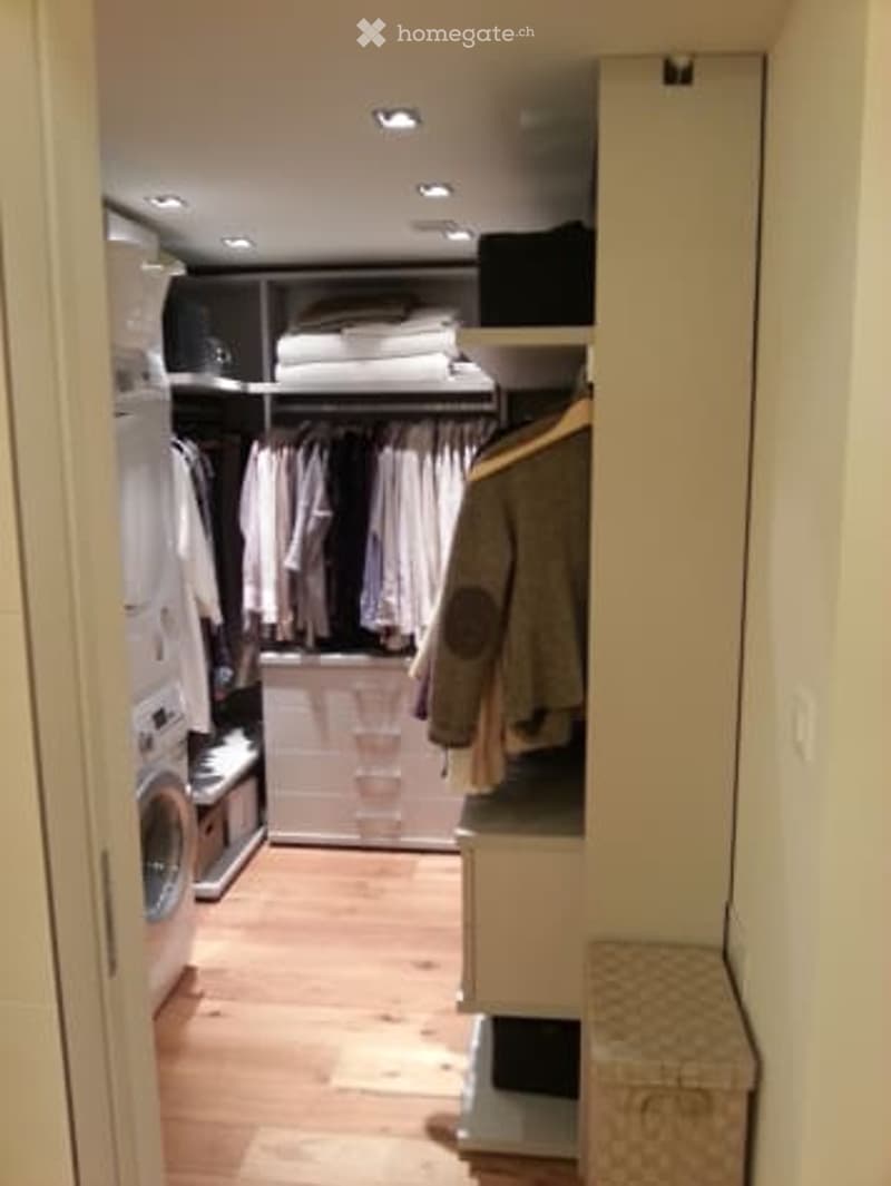 Well-organized walk-in closet with built-in wardrobe, storage shelves, and a private washing machine. Wooden flooring and recessed lighting.