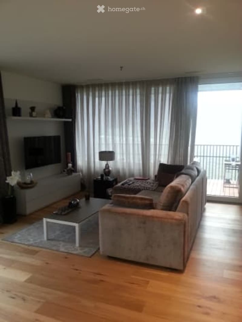 Modern living room with large windows and balcony access, featuring a grey sofa, coffee table, floor lamp, TV stand, and decorative shelves.