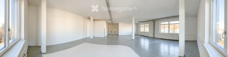 empty room, white walls, grey floor, several large windows, white ceiling