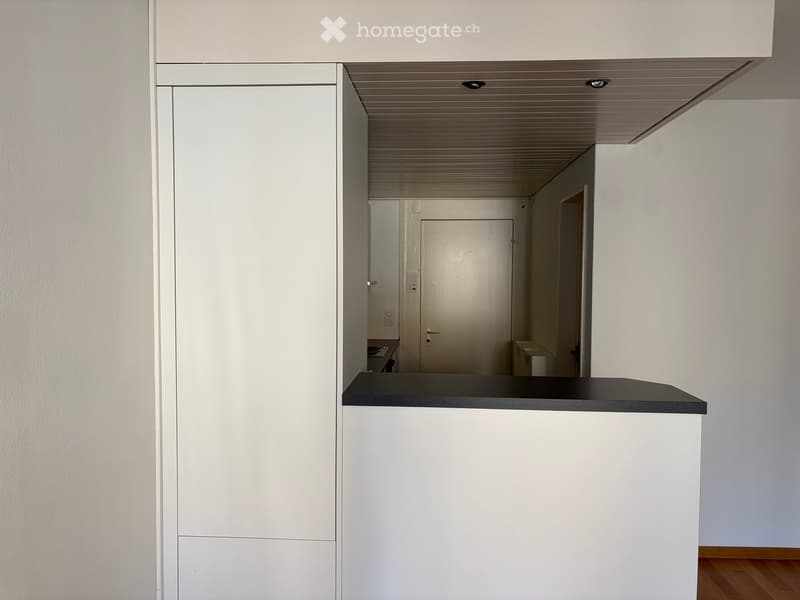A modern, minimalist hallway with white walls, a sleek black countertop, and a wooden floor. The hallway leads to a room with a door and a small cabinet visible in the background.