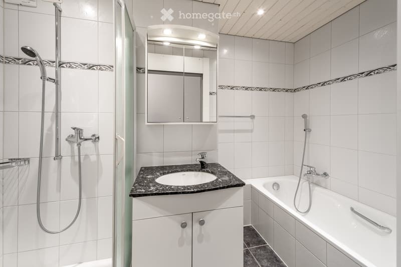 Modern bathroom with white tiles, a black granite countertop sink, a bathtub, a mirror cabinet, and a glass-enclosed shower area.