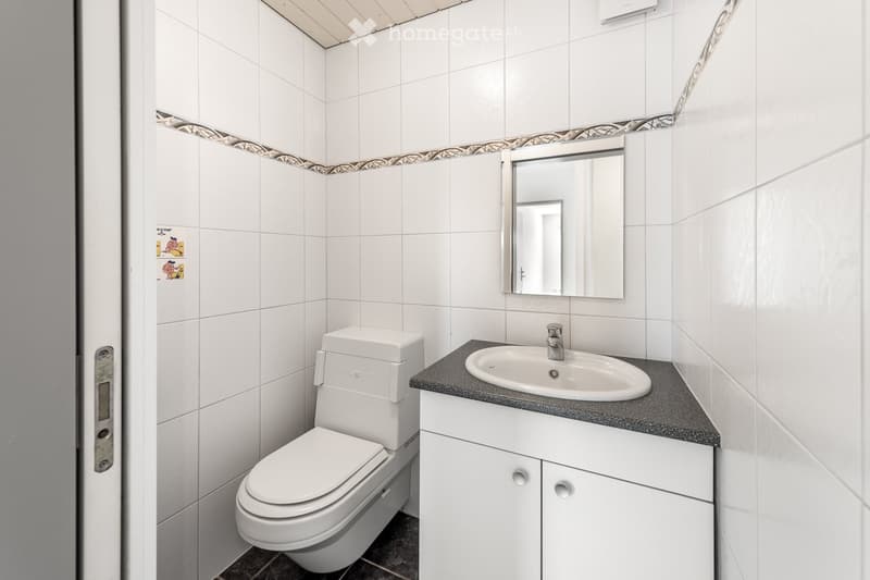 Modern bathroom with white tiles, a toilet, a sink with a countertop, and a mirror above the sink.