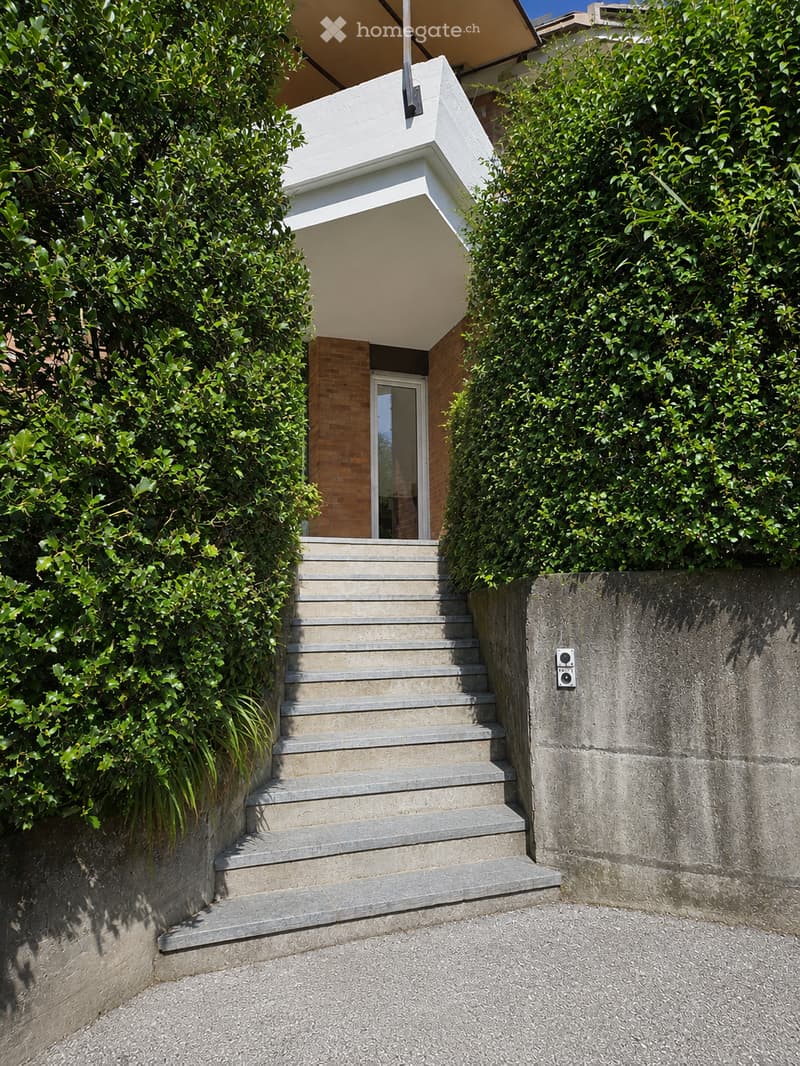 A modern outdoor staircase leads up to a house entrance, flanked by neatly trimmed green hedges and a concrete wall.