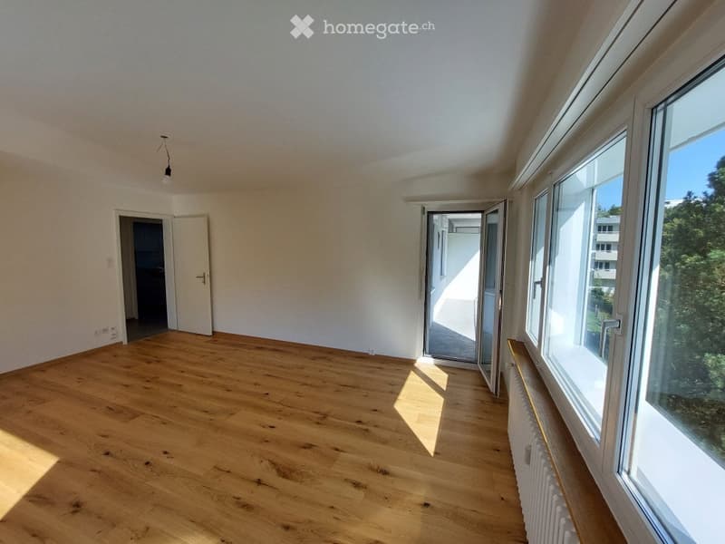Empty room with wooden flooring, white walls, large windows, and a door leading to another space.