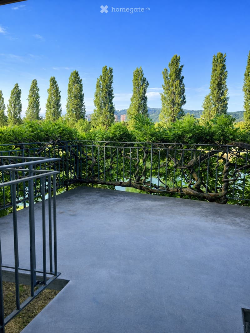 A modern balcony with a metal railing, surrounded by lush green trees and a clear blue sky.