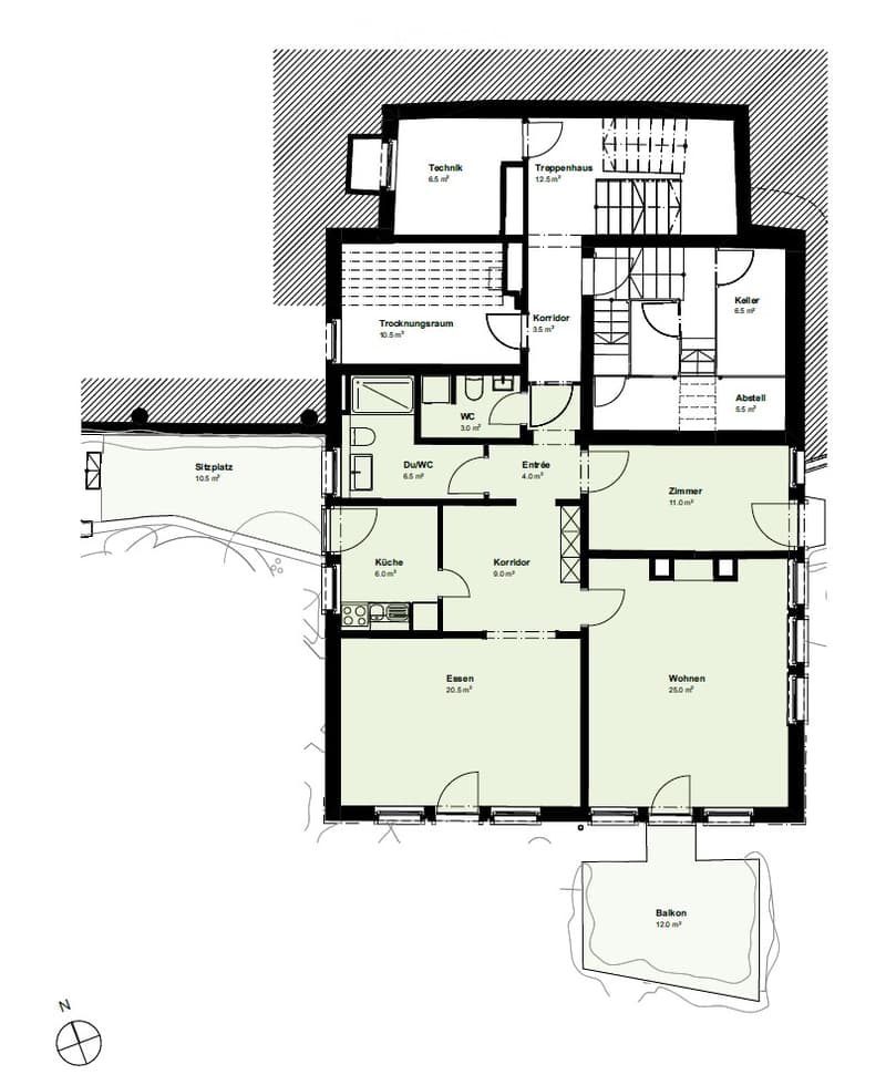Floor plan showing a multi-level house with living room, kitchen, bedrooms, bathrooms, balcony, and technical room.