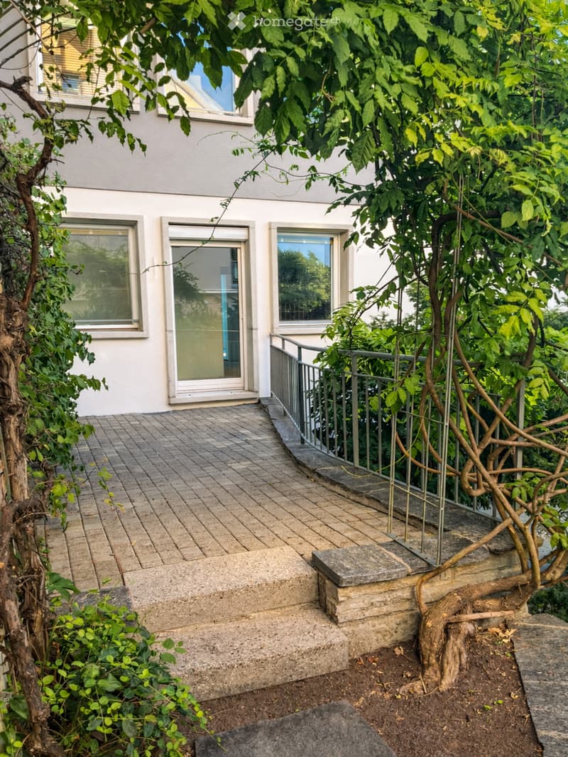 A paved outdoor area with steps leading up to a building entrance, surrounded by greenery and trees.