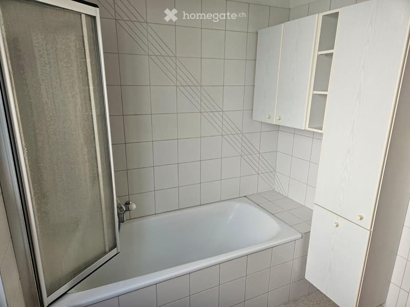 Bathroom with a bathtub, a glass-enclosed shower stall, and white cabinets.