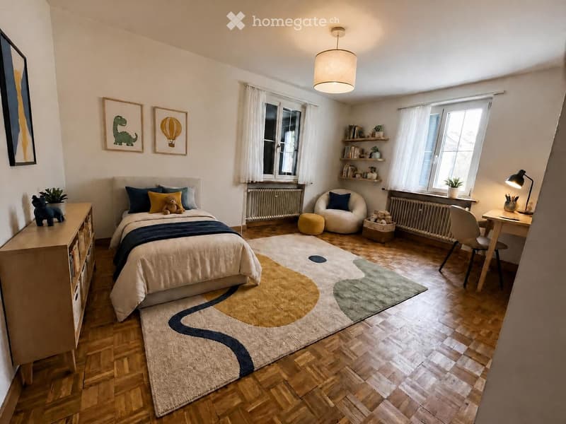 Cozy bedroom with wooden flooring, a large bed with pillows and blankets, a nightstand with a lamp, a small round chair, a desk with a chair, shelves with books and plants, and a colorful rug.