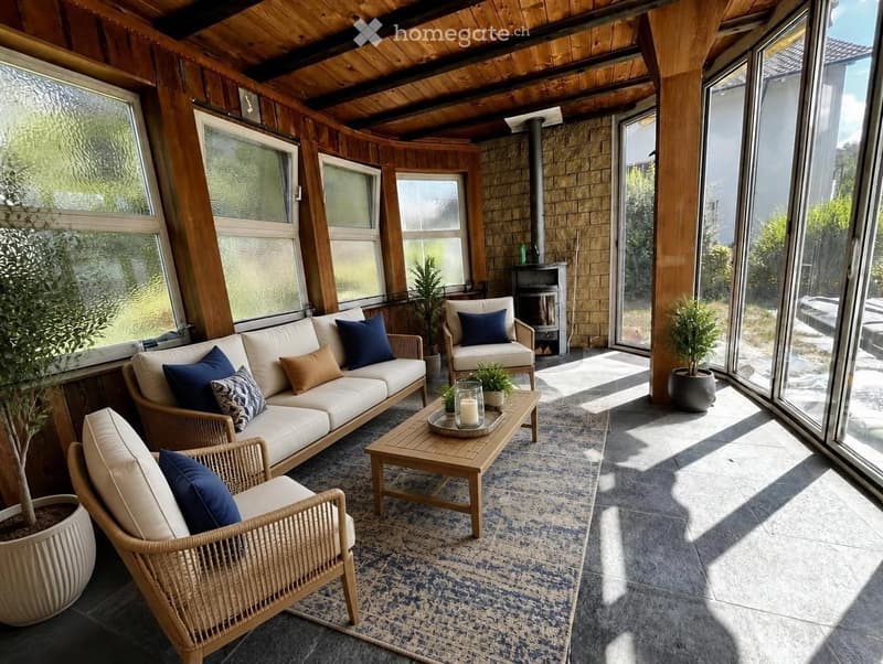 A cozy, well-lit living space with large windows and a view, featuring a white sofa, wooden coffee table, armchairs, fireplace, and potted plants.