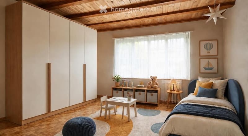 Cozy children's bedroom with a wooden bed, nightstand, small table, chair, wardrobe, and decorative items.