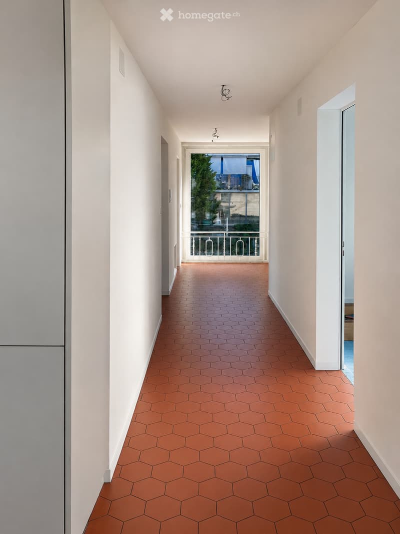 A long, narrow hallway with hexagonal terracotta tiles, white walls, and a white door at the end leading to a balcony.