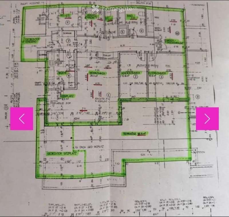 Floor plan of a house with multiple rooms including a kitchen, living room, bedrooms, bathrooms, and a terrace.