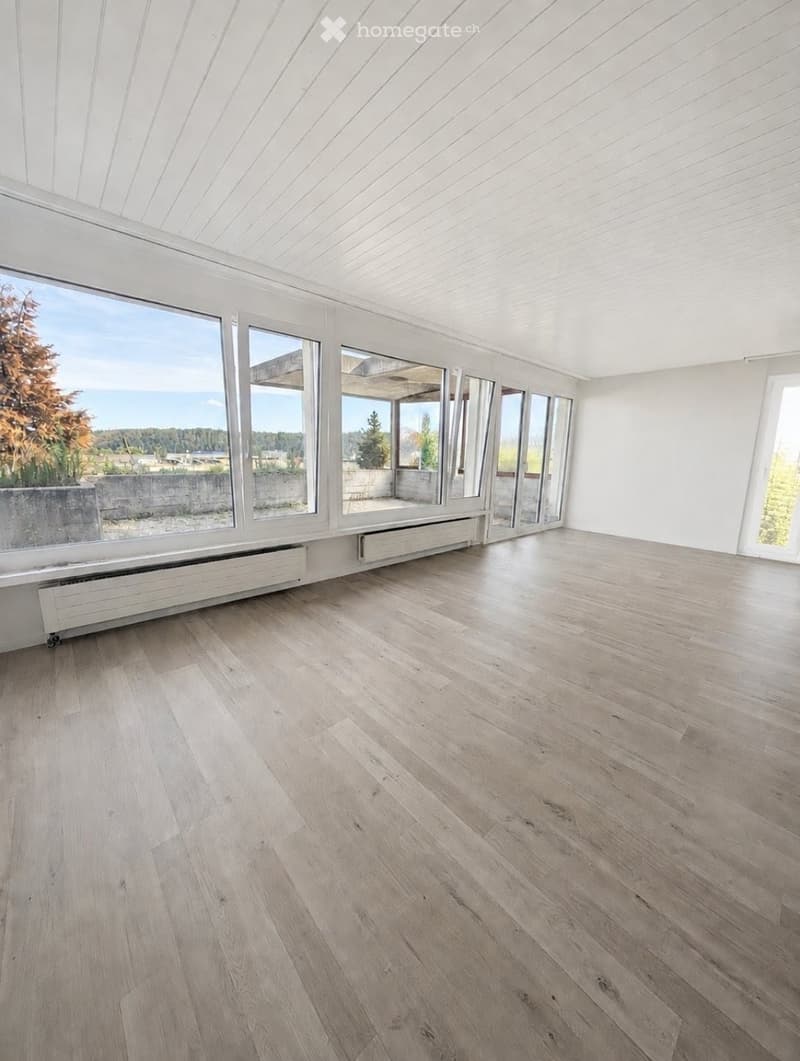 Bright, empty room with light wooden flooring, white paneled ceiling, large windows, and radiators along the walls.