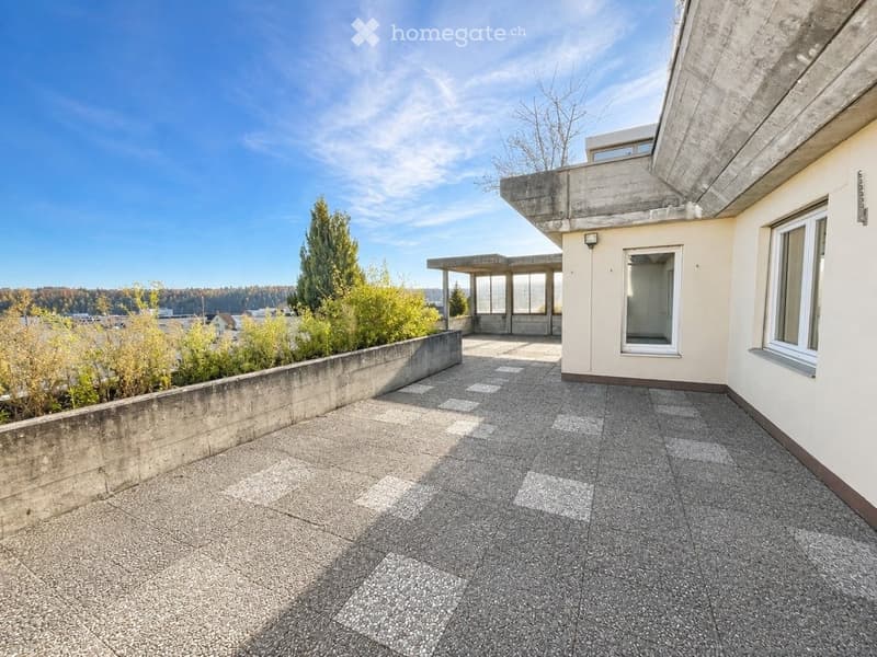 Roof terrace with concrete floor, low wall, and open view of the landscape.