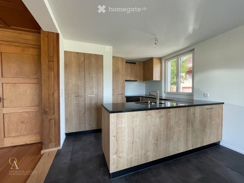 Modern kitchen with light wood cabinets, black countertop, and stainless steel sink.