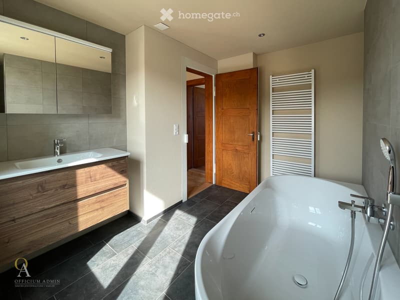 Modern bathroom with a freestanding bathtub, a sink with a wooden cabinet, a large mirror, and a radiator. The space features dark tiled flooring and light-colored walls.