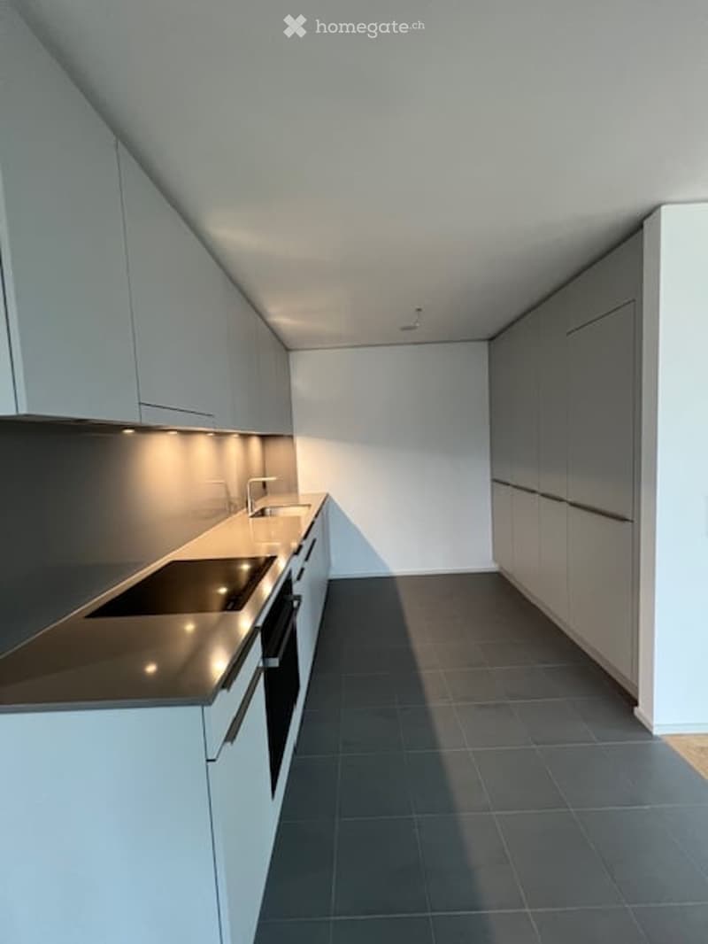 Modern kitchen with white cabinets, black countertops, and a built-in oven. The space features sleek, contemporary design with integrated lighting and a dark tiled floor.