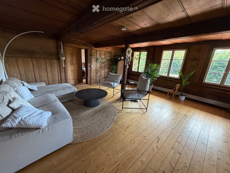 Cozy living room with wooden walls and ceiling, large windows, grey sofa, coffee table, chairs, and plants.