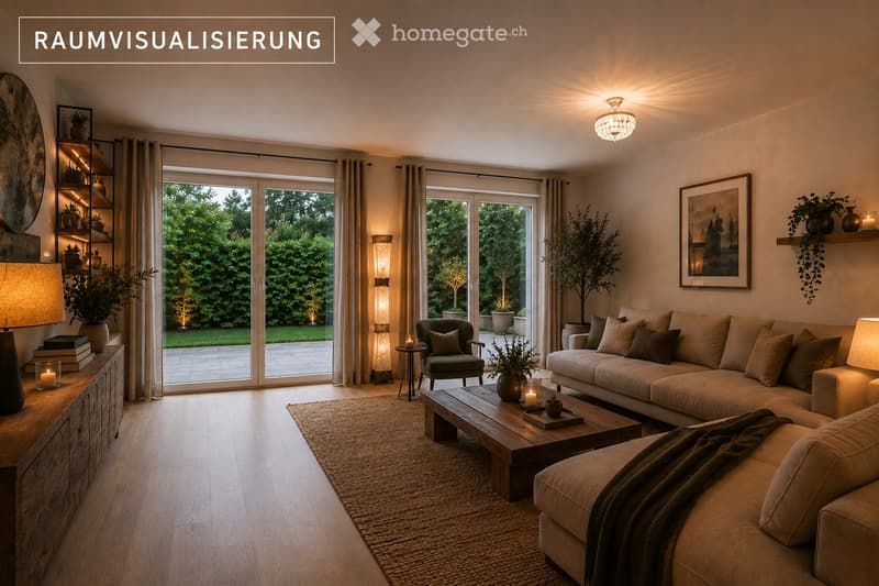 Modern living room with large windows offering a view of a garden, featuring a beige sectional sofa, wooden coffee table, armchair, floor lamp, side table, and decorative plants.