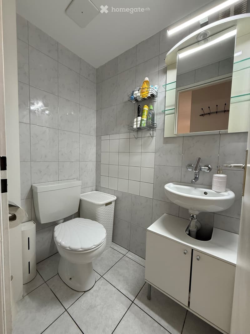 Modern bathroom with white tiles, a toilet, a sink with a mirror, a cabinet, and a shower shelf holding toiletries.