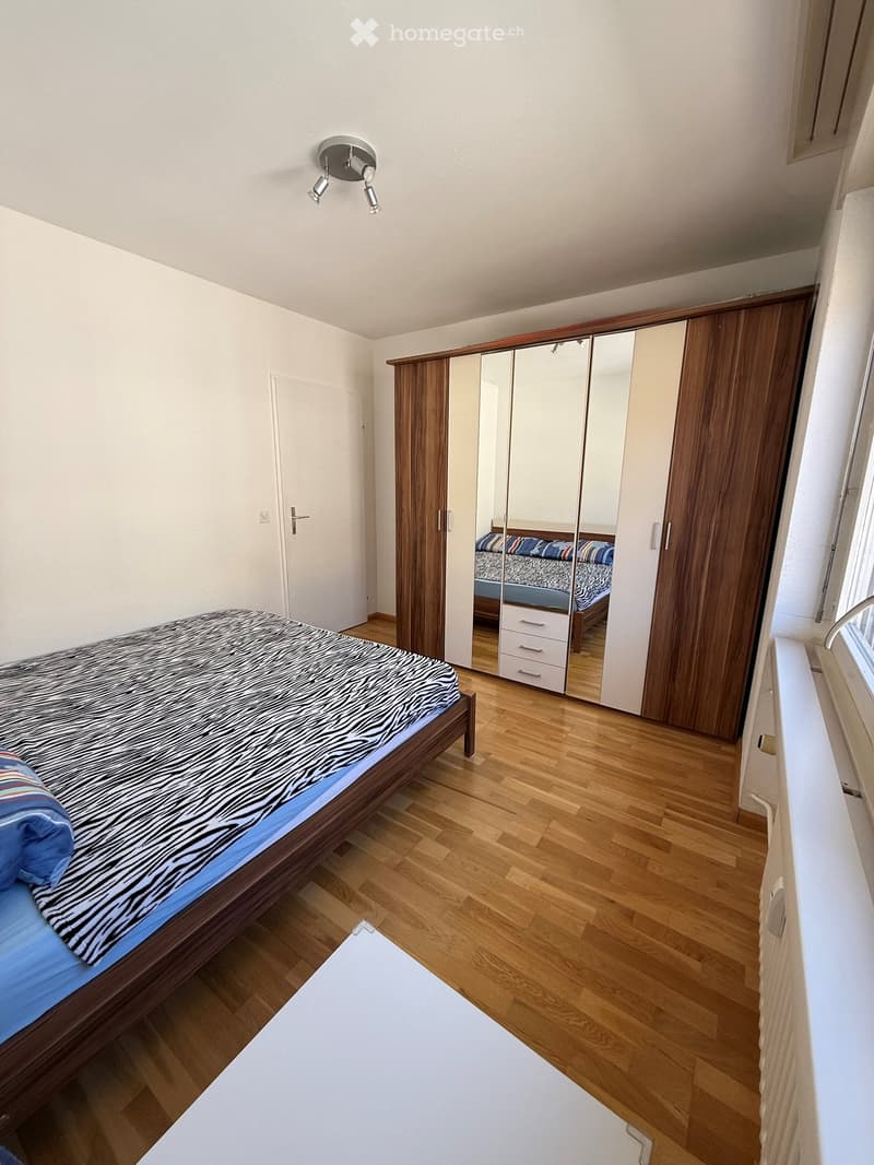 Bedroom with wooden floor, bed with zebra-patterned bedspread, wardrobe with mirrored doors, and a small window.