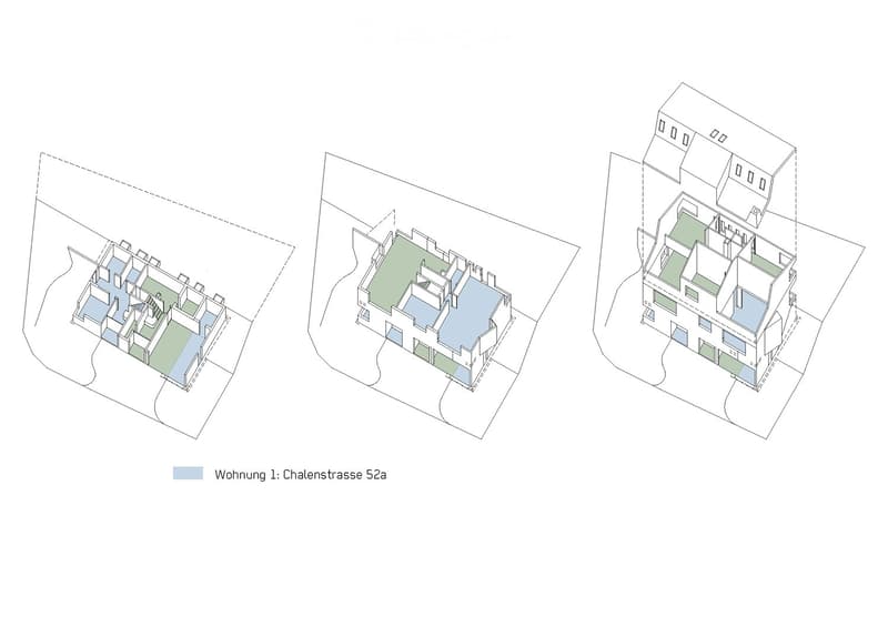 Floor plan of a multi-story residential building with three distinct units, each featuring living spaces, bedrooms, bathrooms, and entrances.