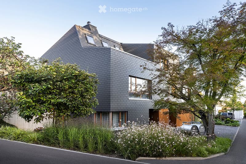 Modern two-story house with dark grey brick exterior, large windows, and a sloped roof with dormer windows. The house is surrounded by greenery and has a small garden area in front.