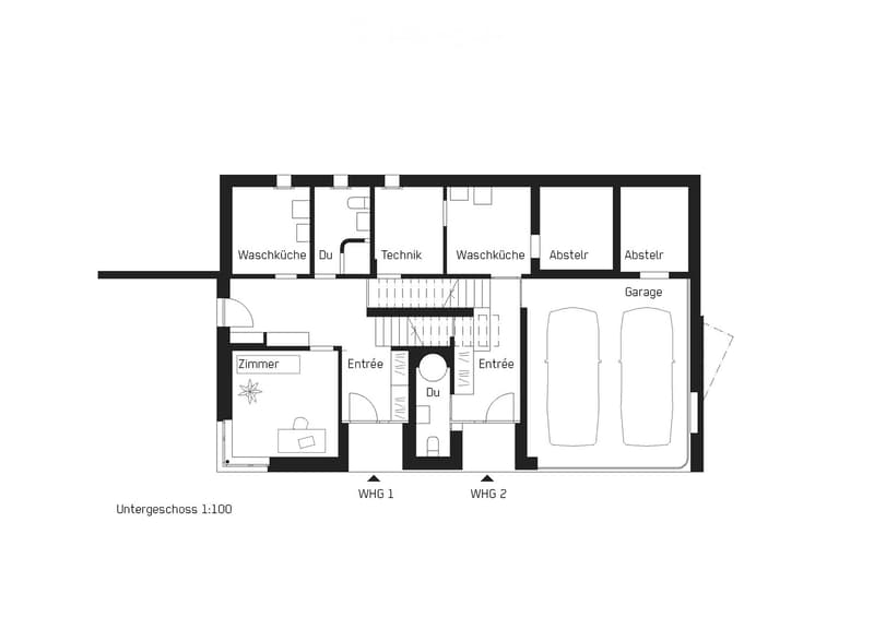Floor plan of a basement level showing two apartments (WHG 1 and WHG 2), each with a bedroom, bathroom, kitchen, and storage areas, plus a shared garage.