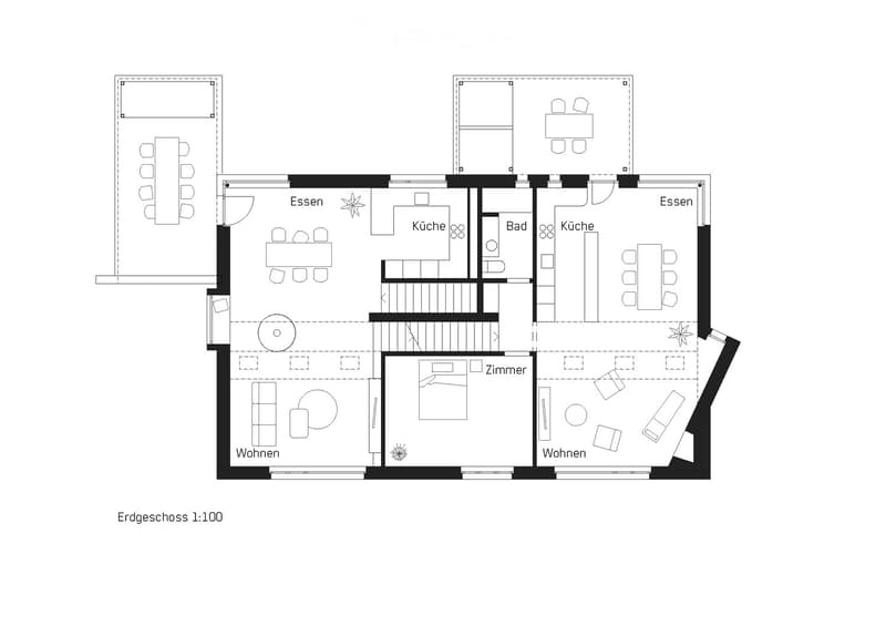 Floor plan of a ground floor showing living room, dining area, kitchen, bathroom, and bedroom. Includes furniture placements and room labels in German.