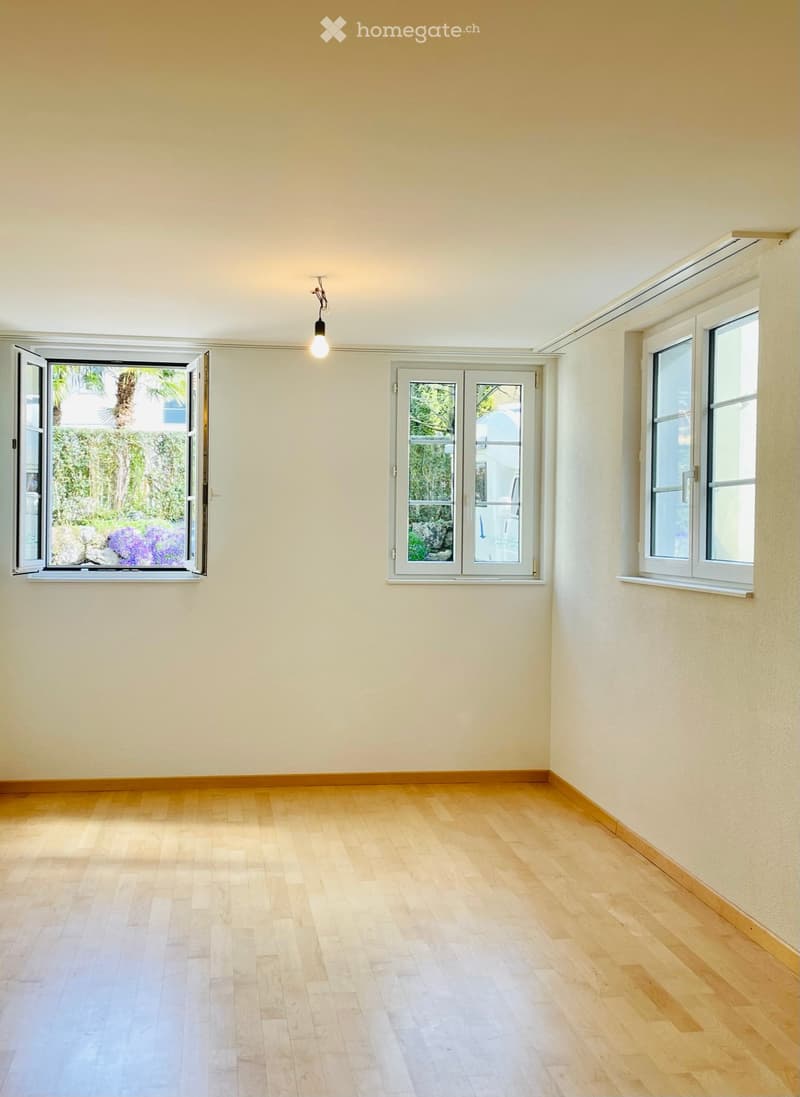 empty room, wooden floor, white walls, three windows, hanging light