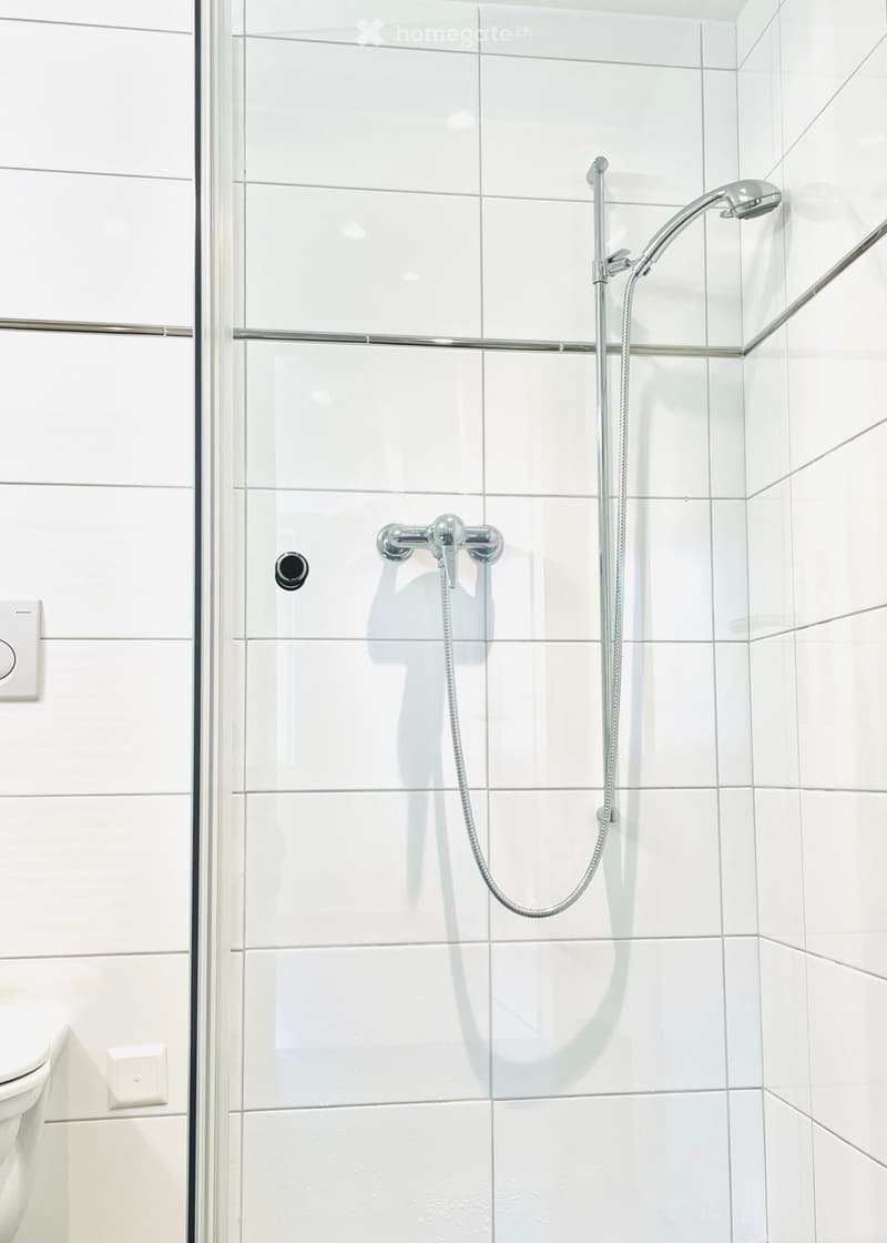 white tiled walls, glass shower enclosure, silver shower head, silver shower arm, white toilet