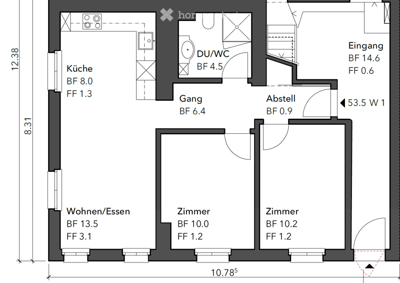 Kitchen, living/dining area, 2 bedrooms, bathroom, hallway, storage