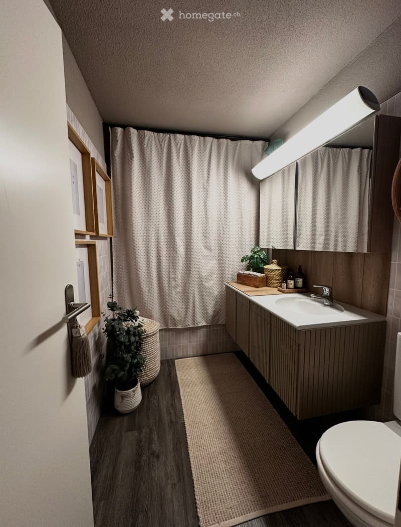 Modern bathroom with a sink, mirror, cabinet, toilet, and decorative plant on a woven basket. Features a shower curtain, wooden floor, and a small rug.