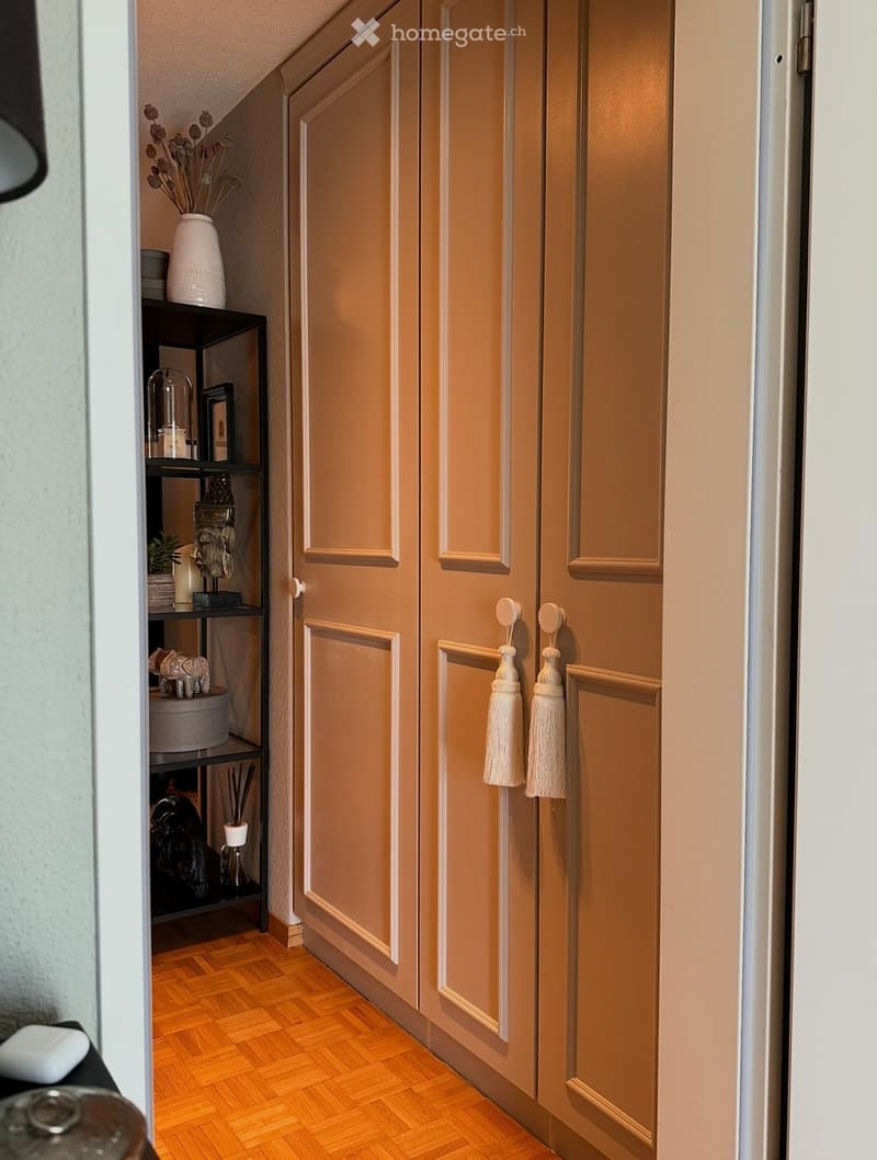 A narrow hallway with wooden flooring, light-colored walls, and a closed door with decorative tassel handles. A small shelf on the left holds various decorative items including a vase, framed picture, and small plant.