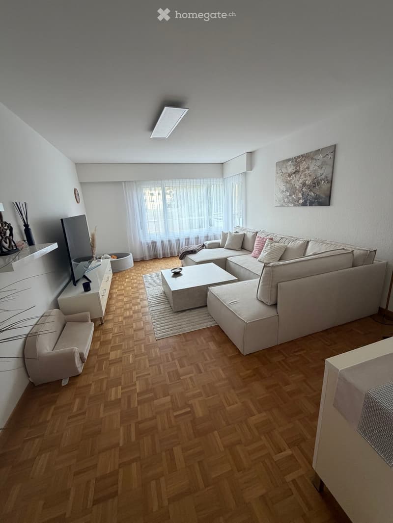 Modern living room with light-colored wooden flooring, a large sectional sofa, a coffee table, an armchair, a TV stand, and decorative items including a vase and a picture frame.
