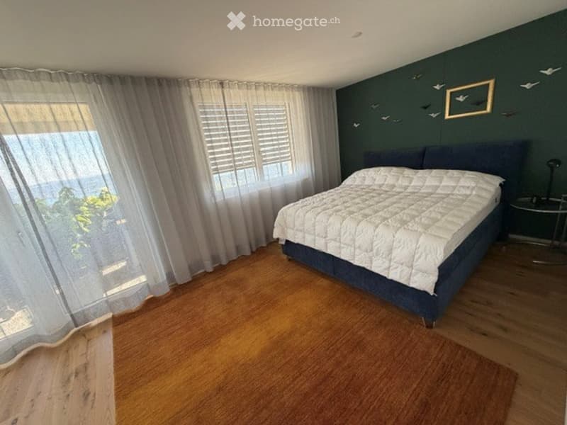 Modern bedroom with dark green walls, wooden floor, large window with white curtains, blue upholstered bed, white duvet, nightstand with lamp, decorative wall art.