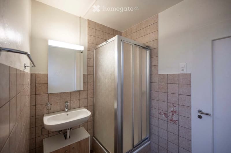 Modern bathroom with a white sink, mirror, and glass-enclosed shower stall. The walls are tiled in beige and brown, and there is a wooden cabinet under the sink.