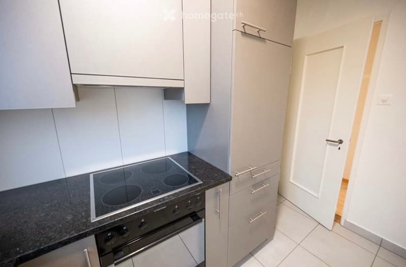 Modern kitchen with white cabinets, black countertop, induction stove, and built-in oven.