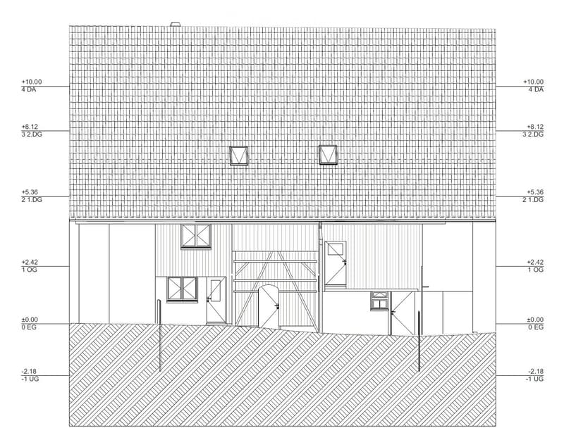 Floor plan of a multi-level building with labeled levels and elevations, including ground floor, first floor, second floor, and roof. Features include windows, doors, and structural elements.