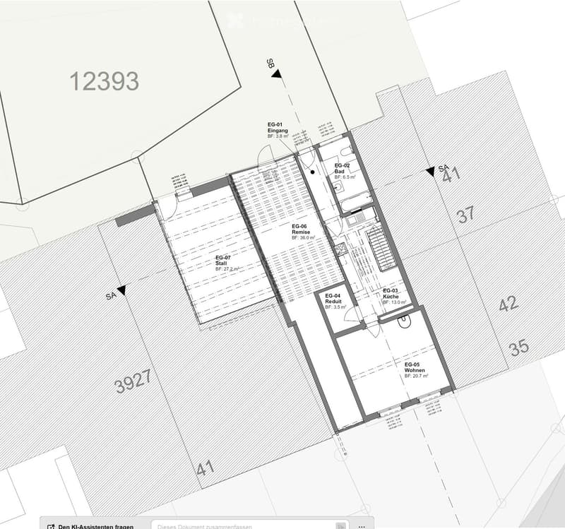 Floor plan showing a layout with labeled rooms including entrance, bathroom, kitchen, living area, bedroom, and storage.