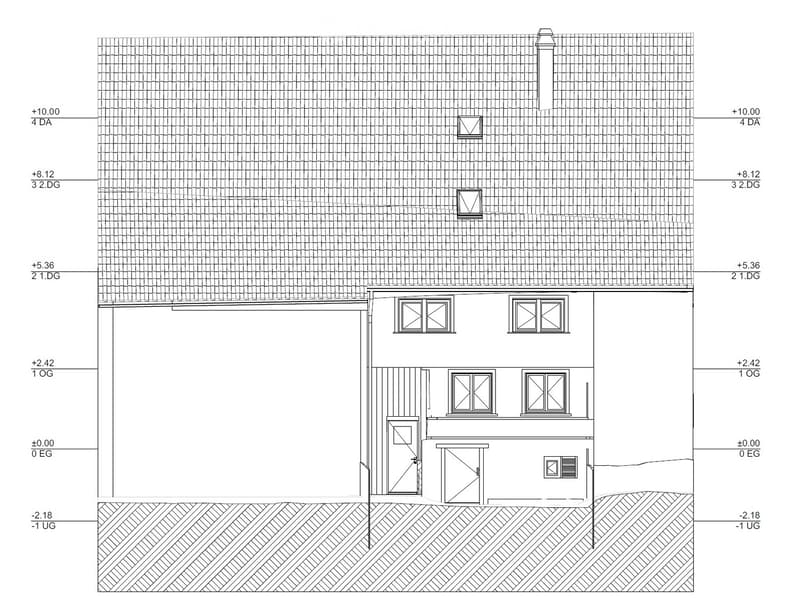 Floor plan of a multi-level building with four levels: ground floor, first floor, second floor, and attic. Includes windows, doors, and basement level.